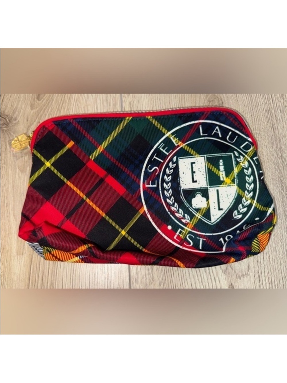 Estee Lauder Red and Green Plaid cosmetic Pouch  makeup bag